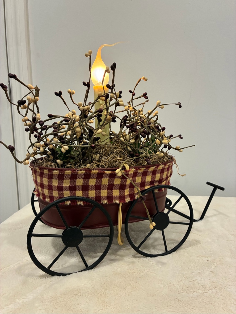 Rustic Wagon Candle Centerpiece with Red Gingham Bow Primitive Farmhouse Decor - Picture 2 of 5